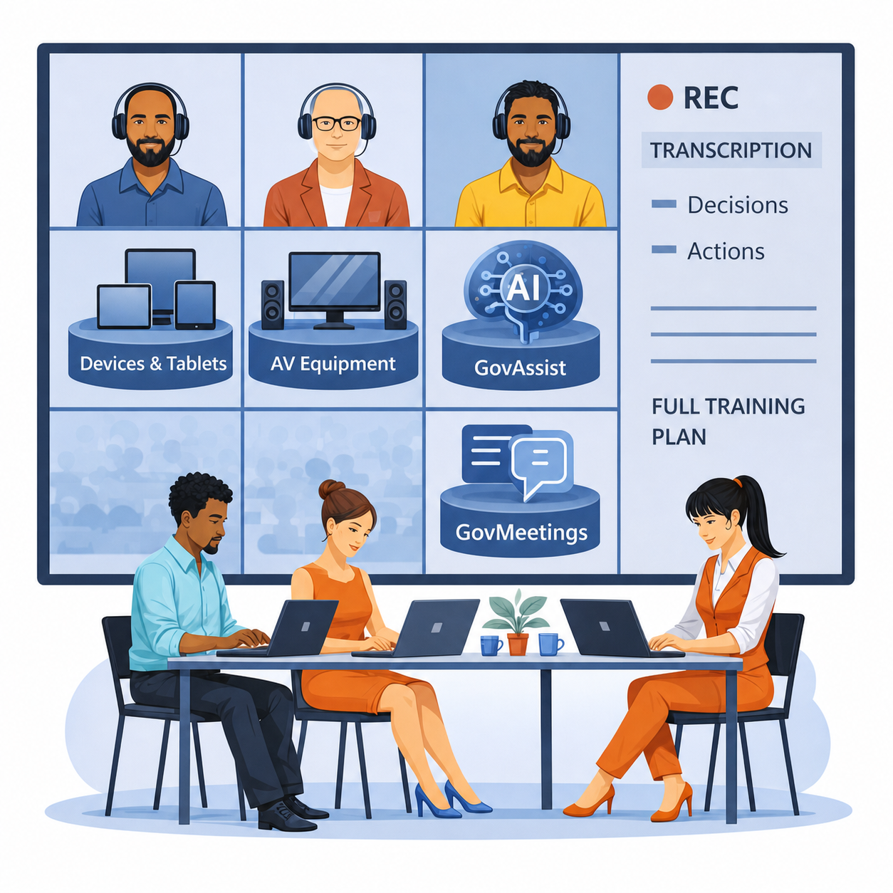 A council chamber meeting in progress: members at the table working on laptops, with a large gallery screen behind them showing remote participants, devices, AV equipment, training, and AI-powered transcription with decisions and actions.